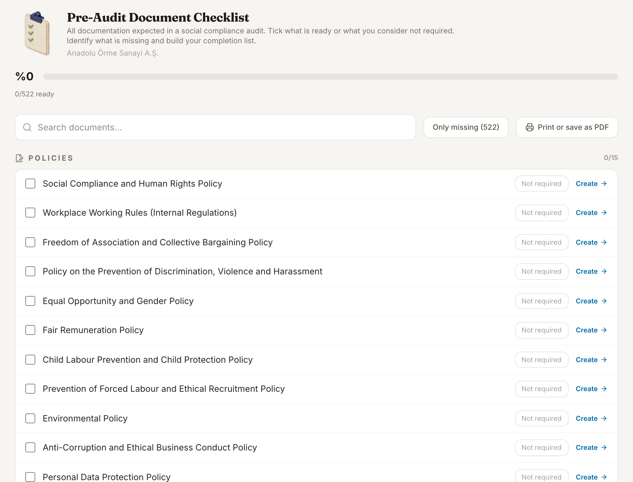 Document Checklist, actual screen: Review the list