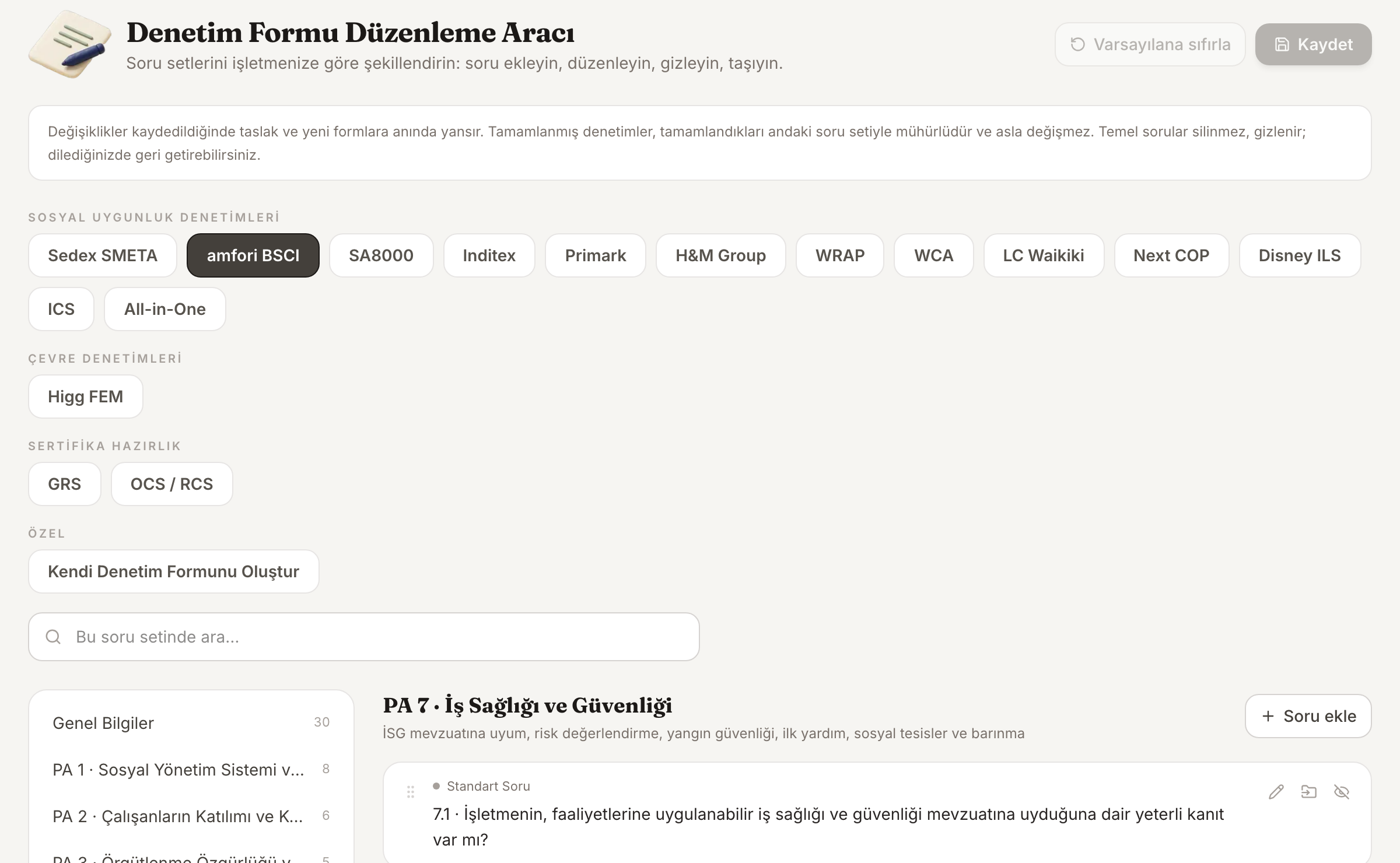 Audit Form Editor, actual Turkish screen: Choose a standard
