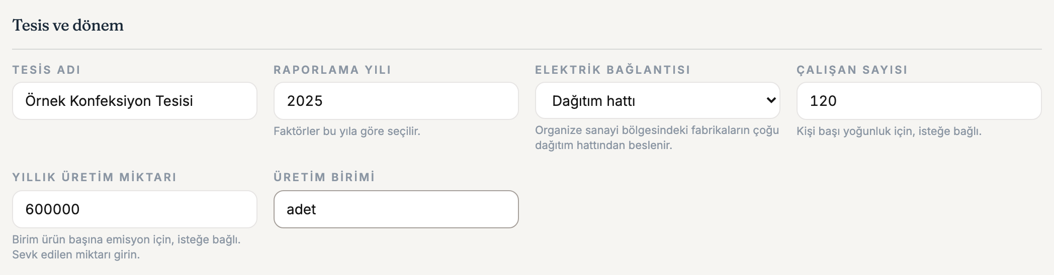 Greenhouse Gas Calculation, actual Turkish screen: Set the reporting period