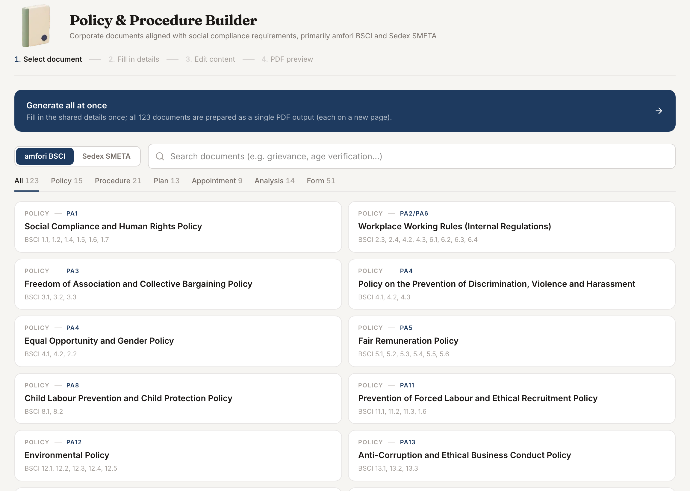Policy and Procedure Builder, actual screen: Choose a template