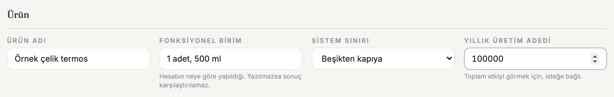 Product Carbon Footprint Calculation, actual Turkish screen: Define the product