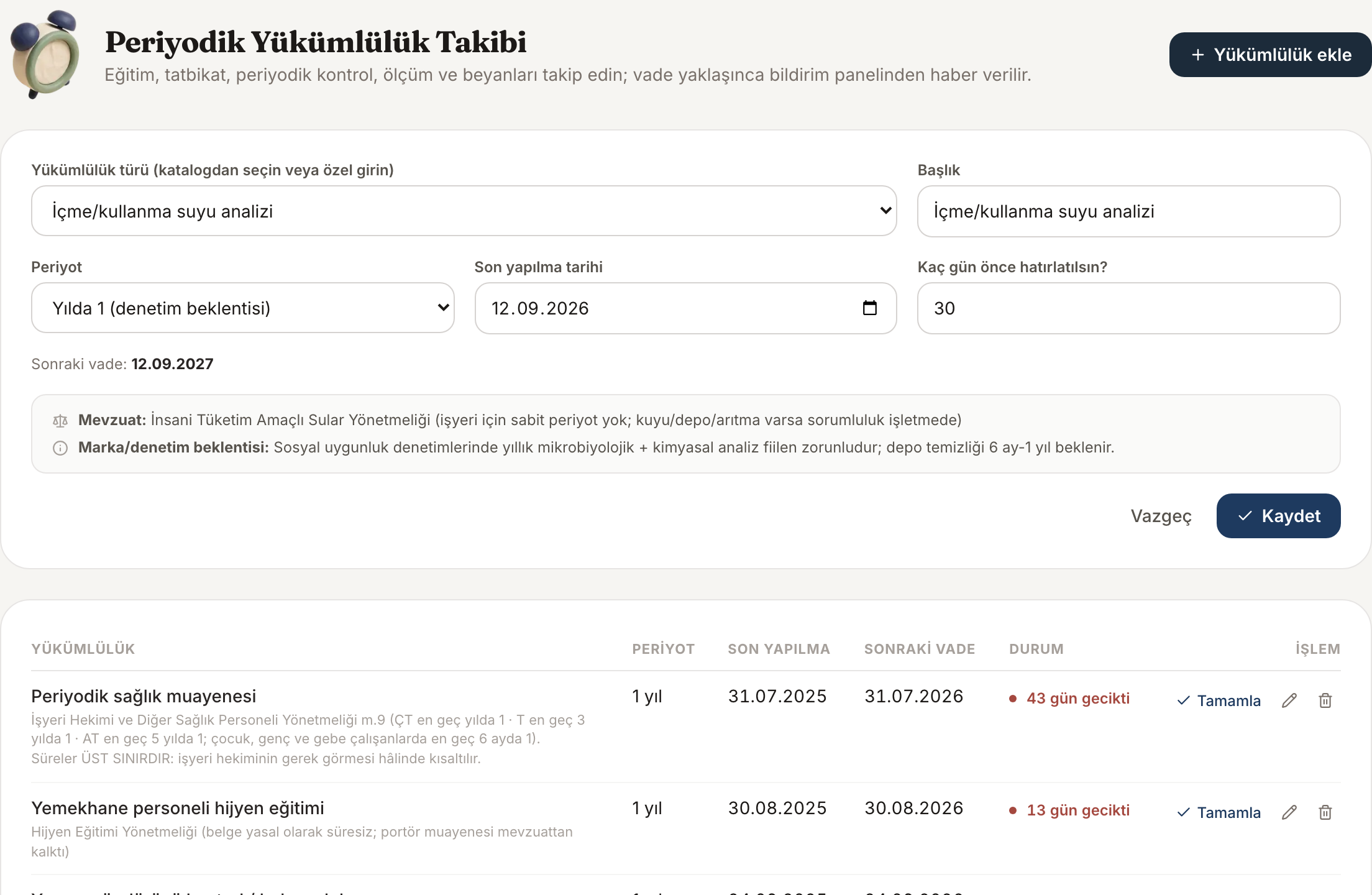 Periodic Compliance Tracker, actual Turkish screen: Choose from the catalogue
